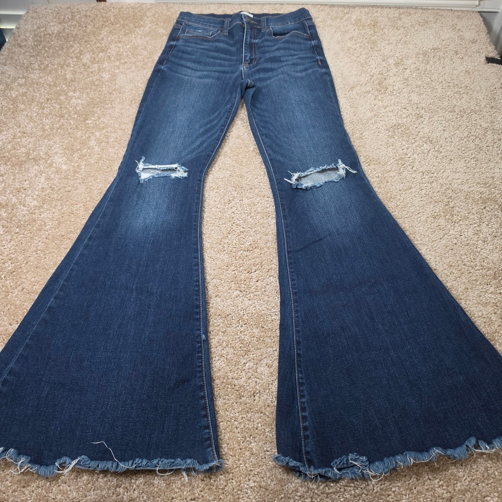 Sneak Peek Jeans Flare Distressed Dark Wash Denim Boho Retro Size 7/28